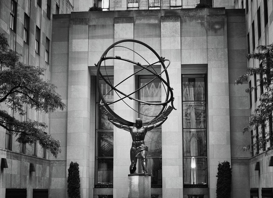 Atlas Holding the Celestial Vault at 30 Rock Midtown Manhattan New York City Black and White Photograph by Shawn OBrien