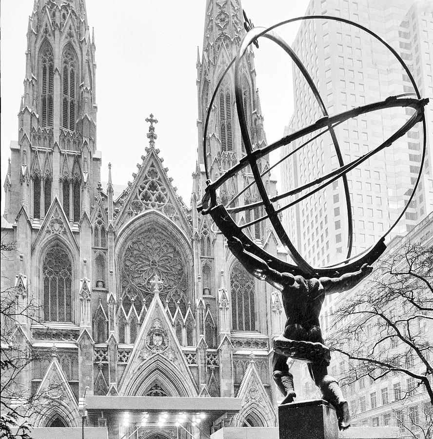 Atlas set against St. Patricks Cathedral on a Snowy Day Photograph by Vicki Jauron, Babylon and Beyond Photography