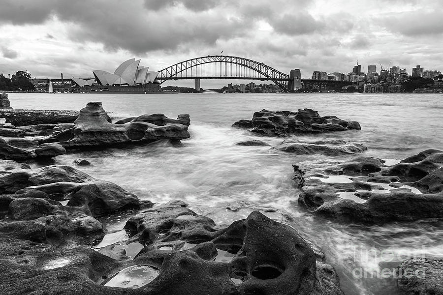 Atmospheric black and white view of Sydney bay and harbor in Aus Photograph by Didier Marti