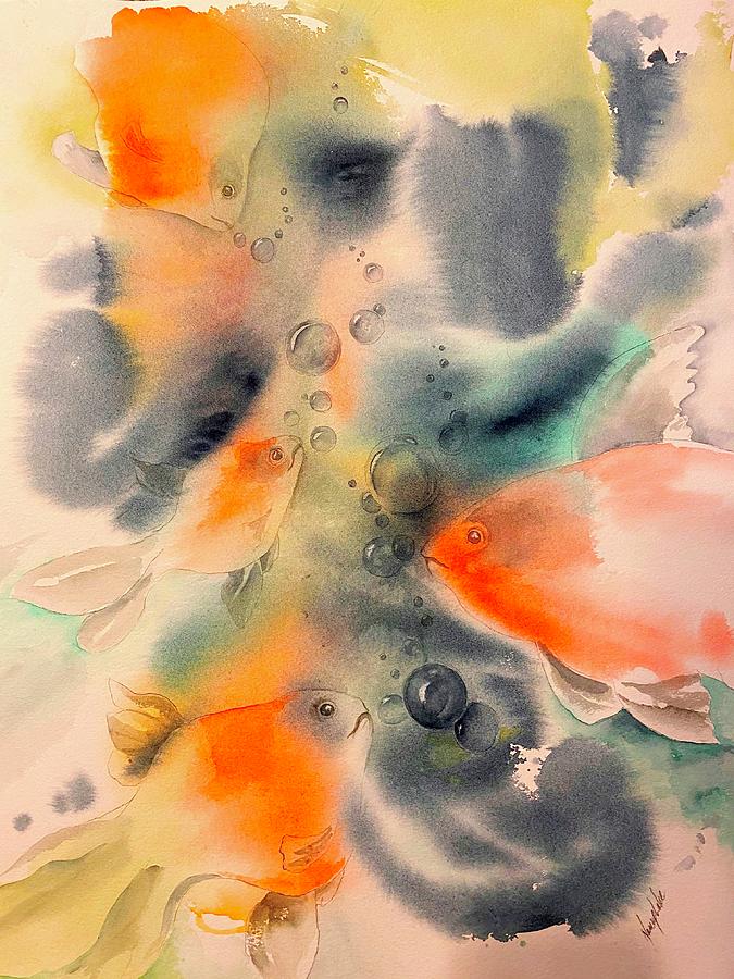 Atmospheric Goldfish Painting by Nancy Lake Watercolor