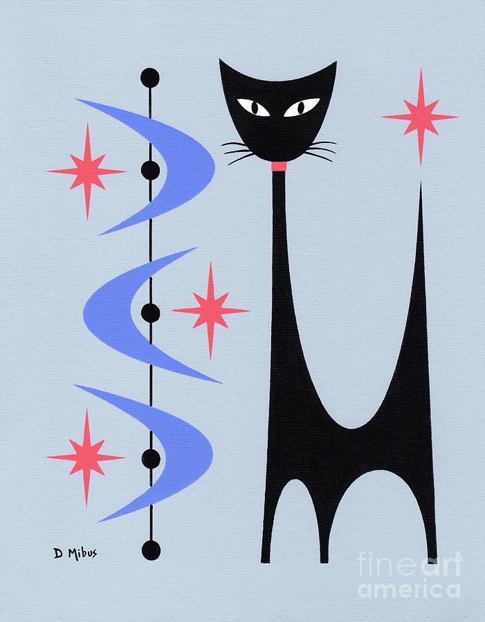 Atomic Cat Gray with Blue Boomerangs Painting by Donna Mibus