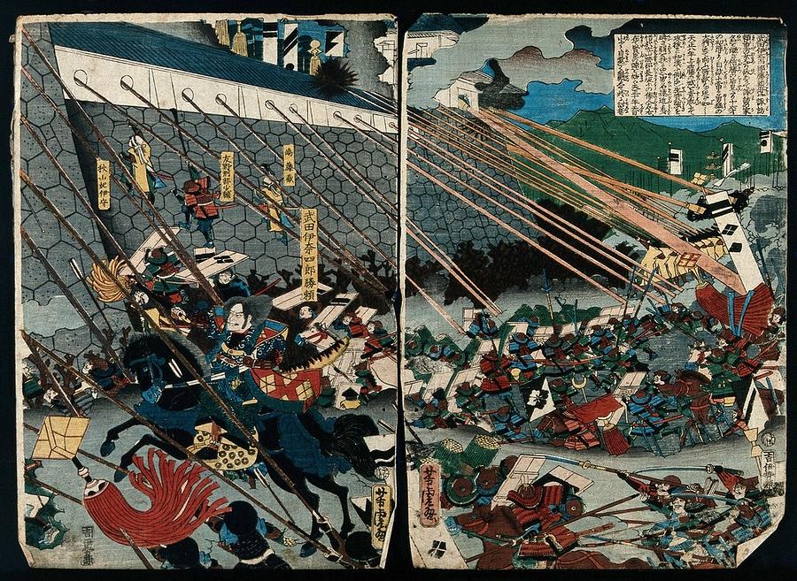 Attackers hit by a barrage of fire from a castle. Colour woodcut by Yoshitora, 1859 Painting by Artistic Rifki