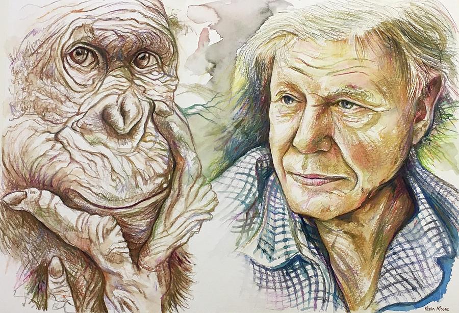 Attenborough and Apes Painting by Kevin Derek Moore