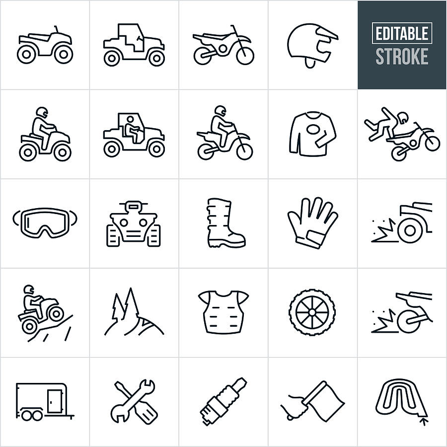 ATV And Dirt Bike Thin Line Icons - Editable Stroke Drawing by Appleuzr