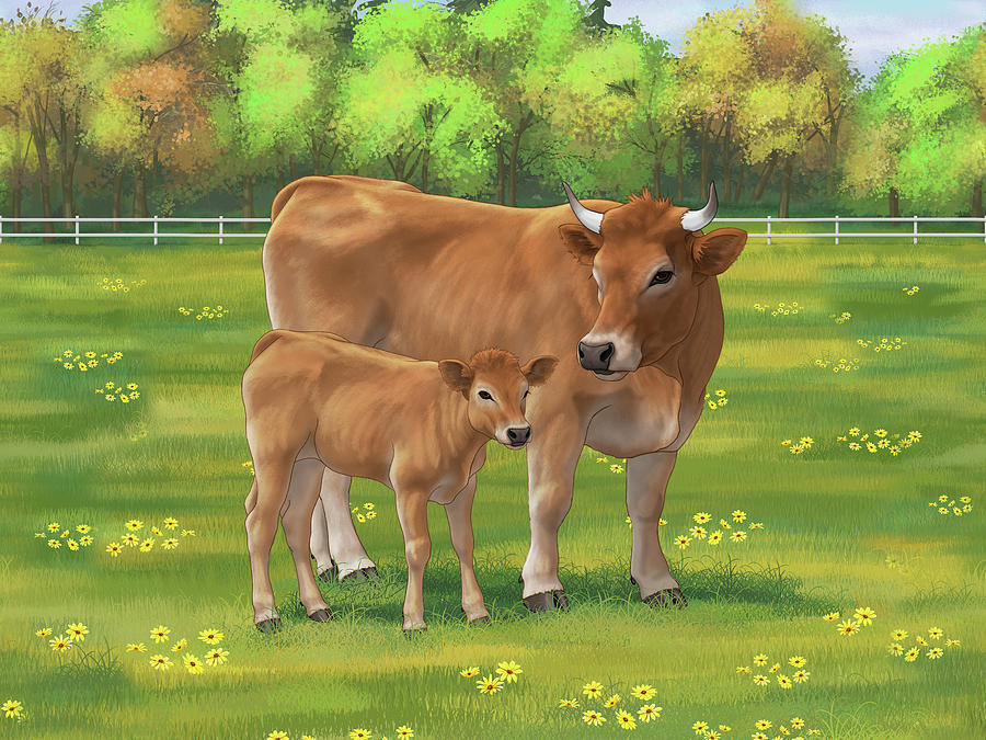 Cow Painting - Aubrac Cow and Cute Calf in Summer Pasture by Crista Forest
