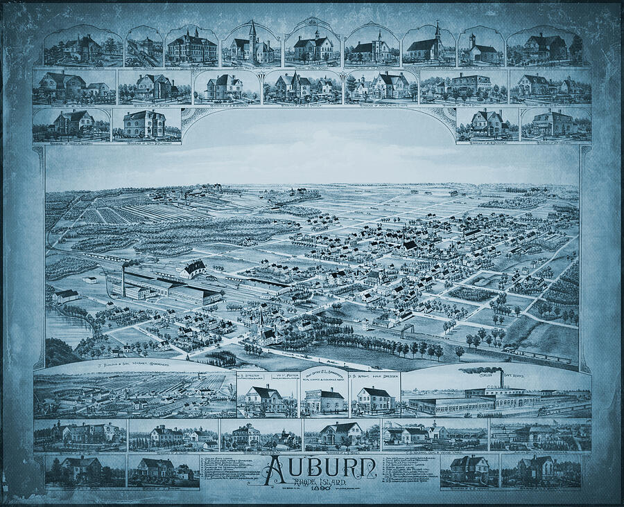 Rhode Island Map Photograph - Auburn Cranston Rhode Island Vintage Map Birds Eye View 1890 Blue by Carol Japp