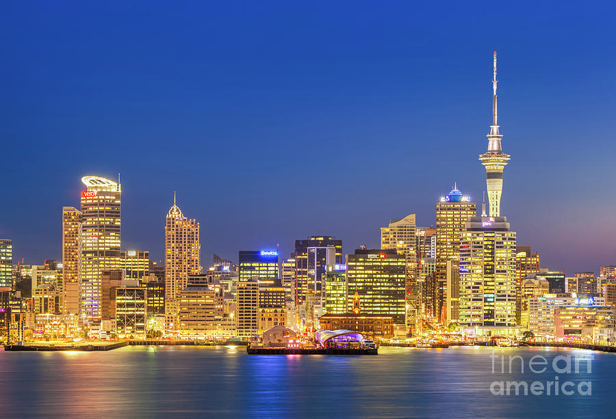 Auckland Skyline at Night, Auckland, New Zealand Photograph by Neale And Judith Clark