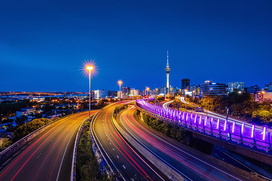 Auckland City Highway Traffic at Night New Zealand Photograph by Mlenny