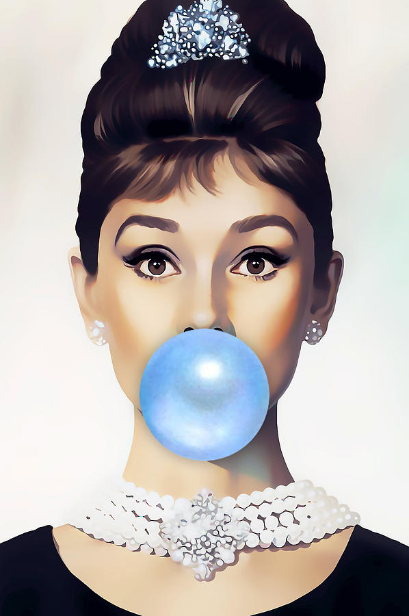 Audrey Hepburn Blue Bubble Gum Mixed Media by Marvin Blaine