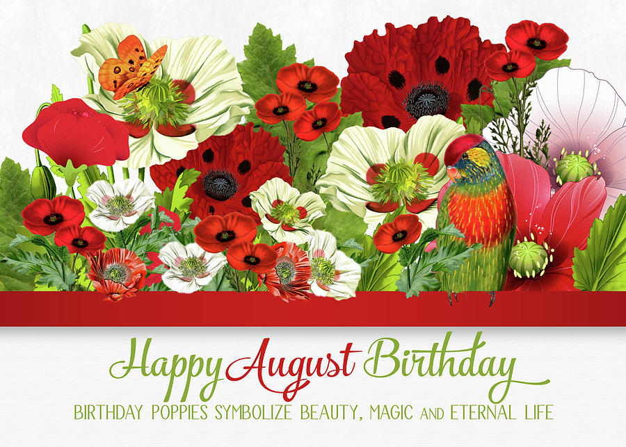 August Birthday Poppies with Butterflies and a Lorikeet Parrot Digital Art by Doreen Erhardt