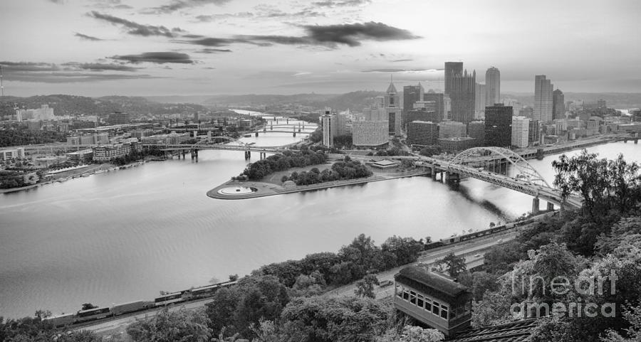 August Duquesne Incline Sunrise Panorama Black And White Photograph by Adam Jewell