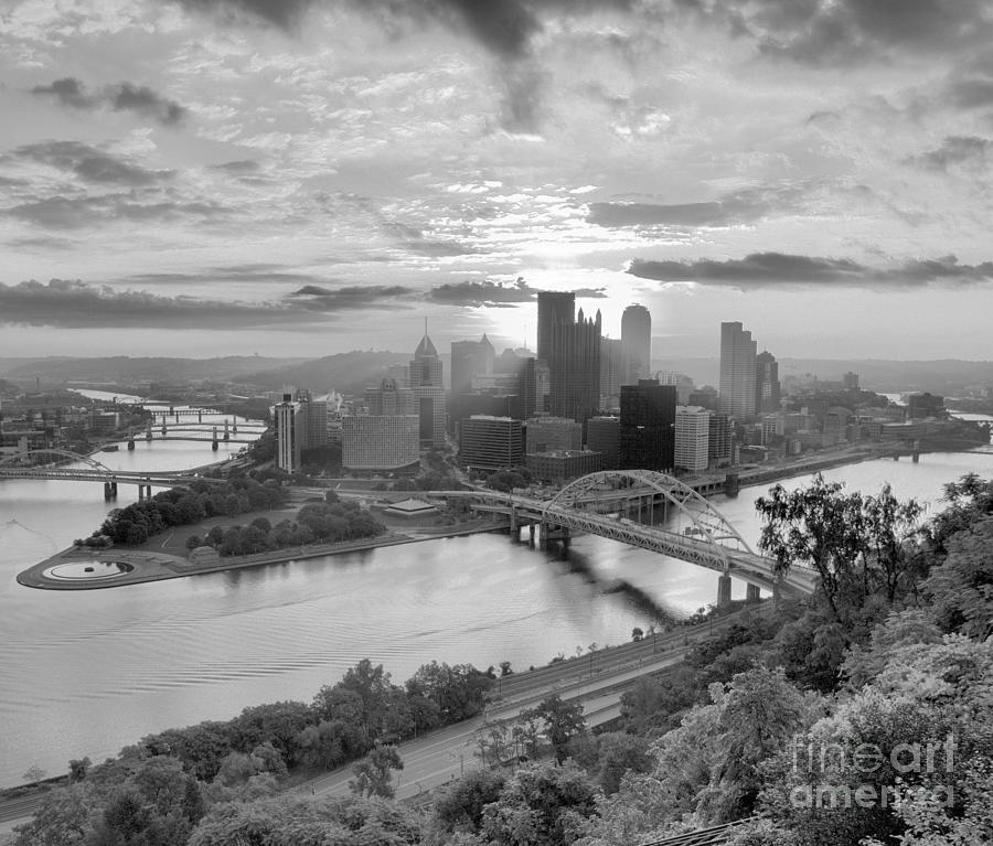 August Fire In The Skies Over Pittsburgh Black And White Photograph by Adam Jewell