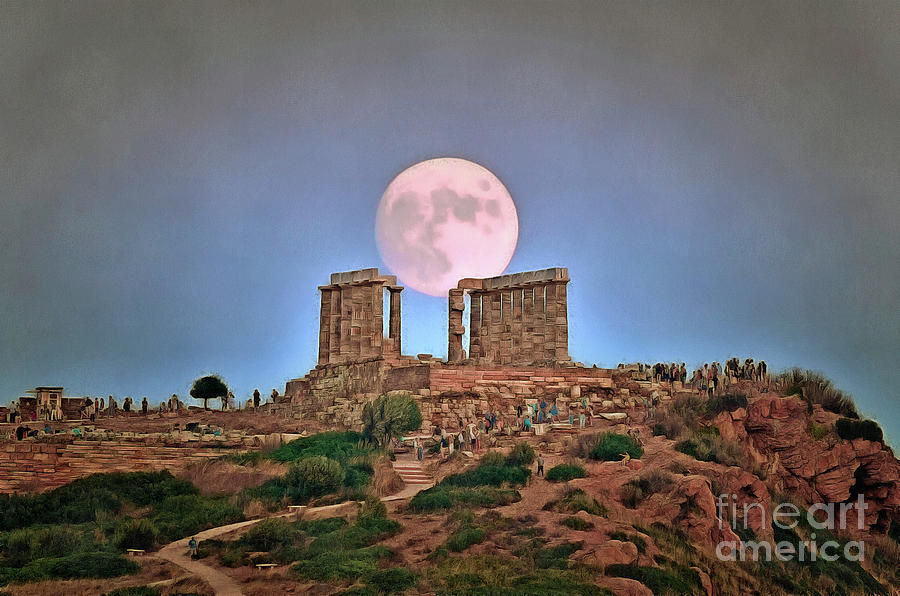 August full moon at the temple of Poseidon III Painting by George Atsametakis