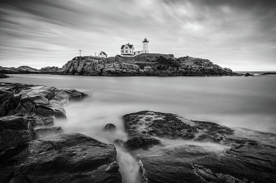 August Morning at Cape Neddick Lighthouse in Black and White Photograph by Kristen Wilkinson