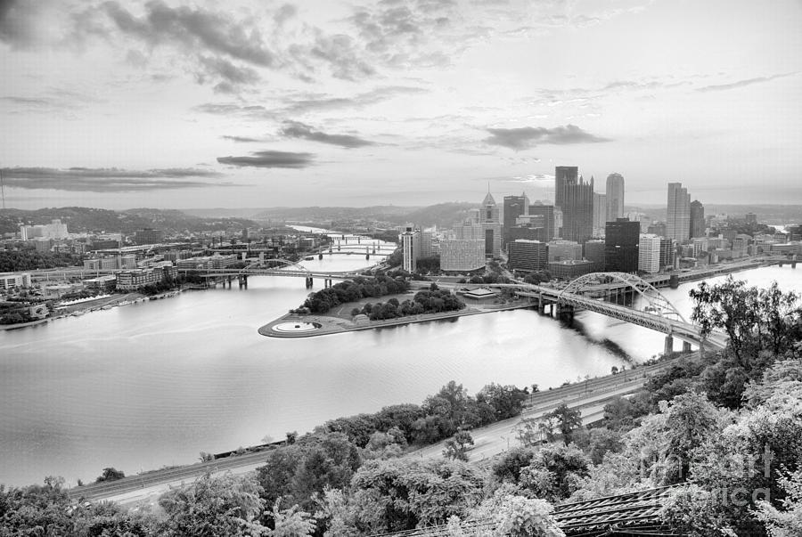 August Orange Sunrise Skies Over Pittsburgh Black And White Photograph by Adam Jewell