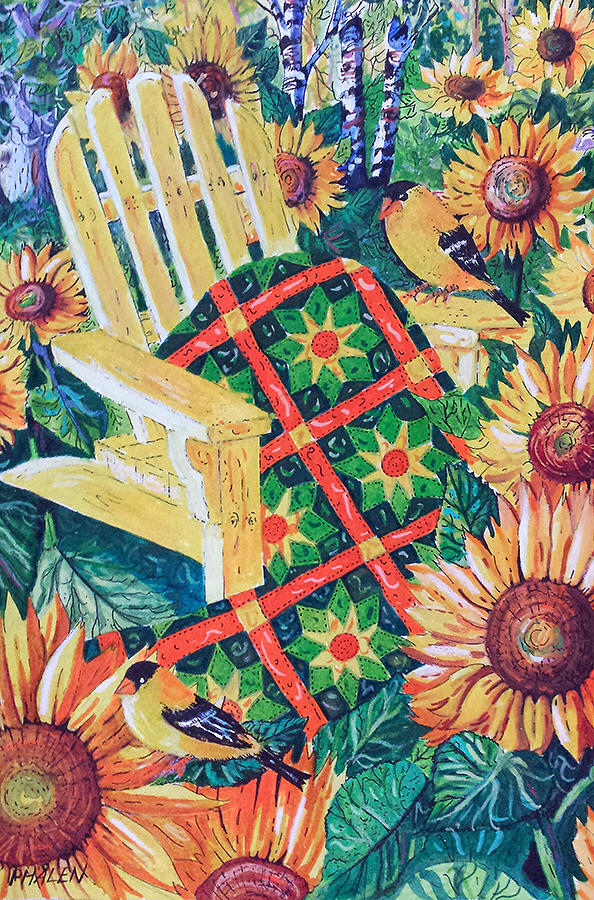 August Sunflowers and Quilt Painting by Diane Phalen