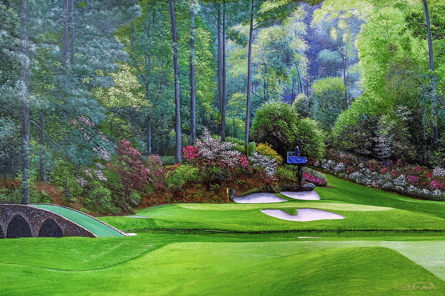 Magnolia Movie Painting - Augusta National Golf Club Masters Amen Corner Hole 11 Golden Bell Art golf course oil painting art  by Phil Reich