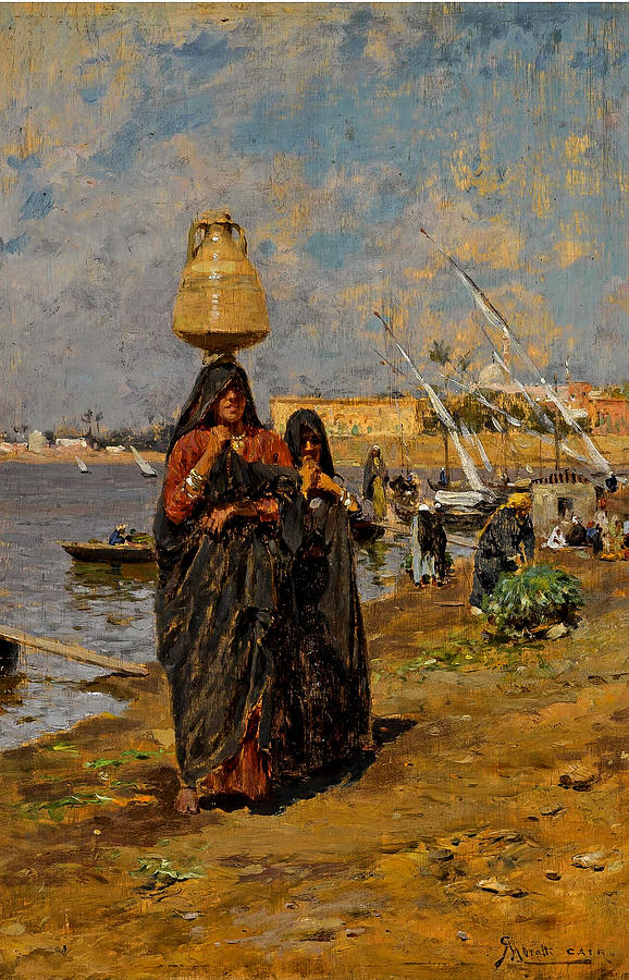 Augusto Lovatti 1852-1921  WOMEN BY THE NILE Painting by Artistic Rifki