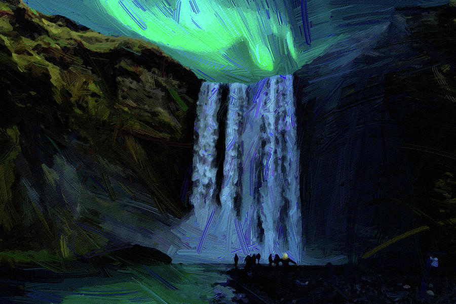Aura Borealis And Skogafoss Waterfall Iceland, Oil Painting Ca 2020 By Ahmet Asar Digital Art