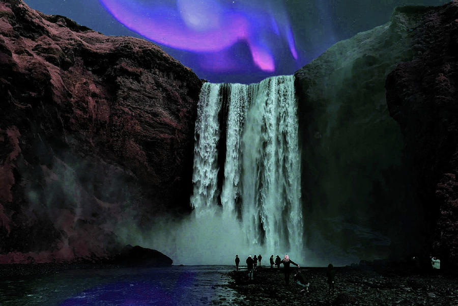 Aura Borealis And Skogafoss Waterfall Iceland - Surreal Art By Ahmet Asar Digital Art