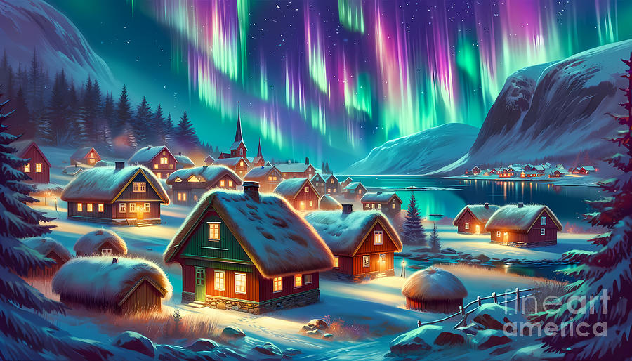 Winter Digital Art - Aurora in Norway, The Northern Lights illuminating a quaint Scandinavian village by Jeff Creation