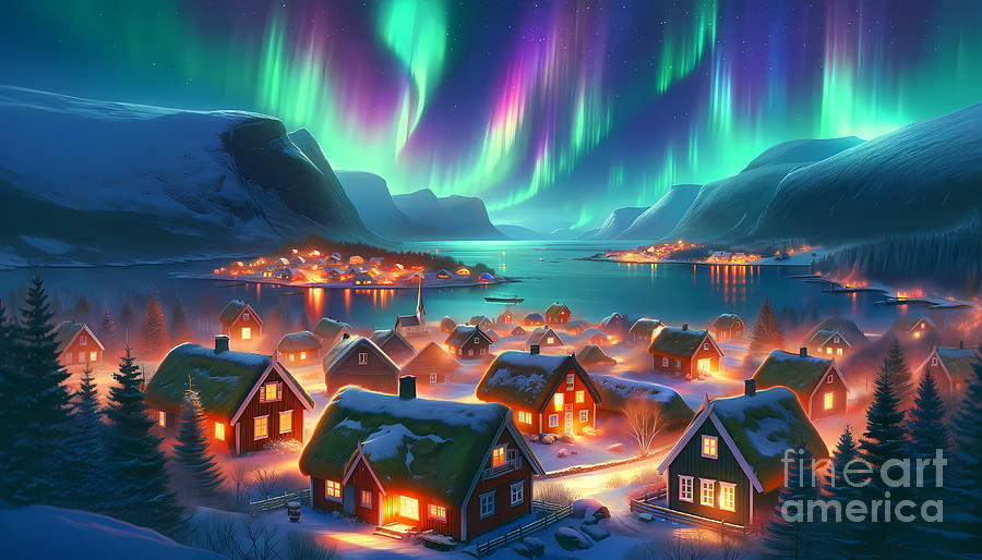 Winter Digital Art - Aurora Over a Scandinavian Village, The Northern Lights illuminating a quaint Scandinavian village by Jeff Creation