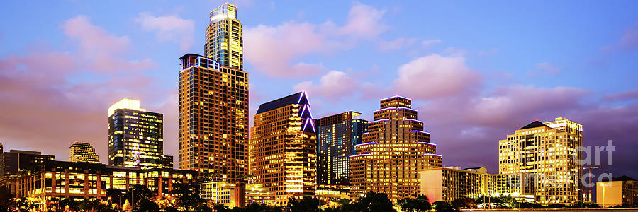 Austin Skyline at Night Panorama Photo Photograph by Paul Velgos - Pixels