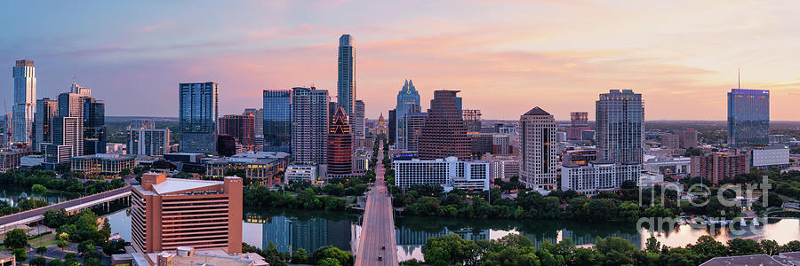 Austin Skyline Colorful Sunrise Panorama - Aerial View Photograph by ...