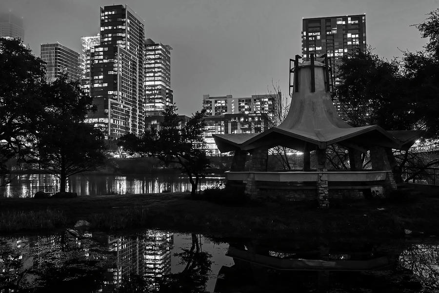 Austin Skyline Reflection Colorado River Austin TX Texas Pagoda Black and White Photograph by Toby McGuire