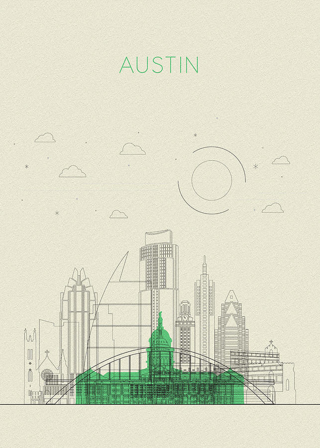 Memento Movie Drawing - Austin, Texas Abstract City Skyline by Inspirowl Design