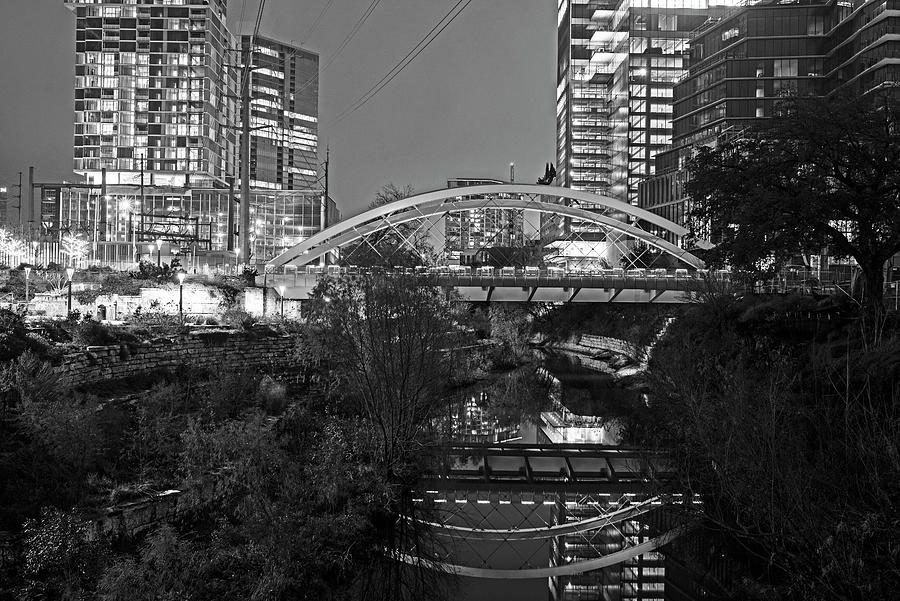 Austin Texas Butterfly Bridge Shoal Creek Reflection at Night Black and White Photograph by Toby McGuire