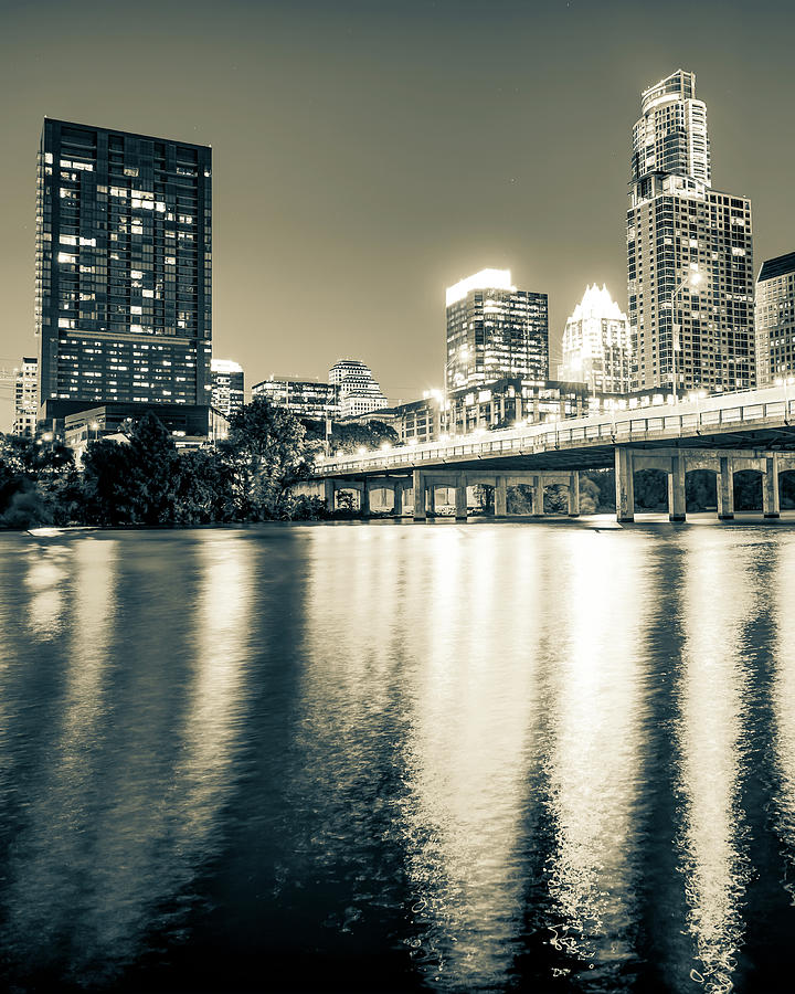 Austin Skyline Photograph - Austin Texas City Skyline Over The River - Sepia Monochrome by Gregory Ballos