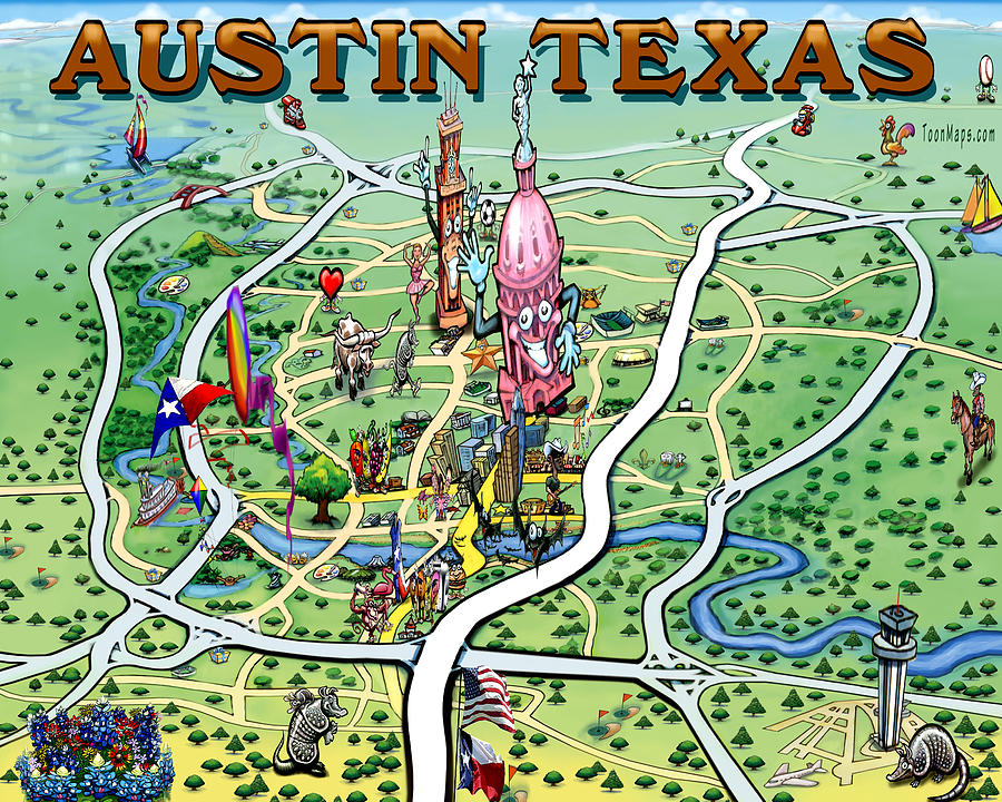 Austin Texas Fun Map Painting by Kevin Middleton