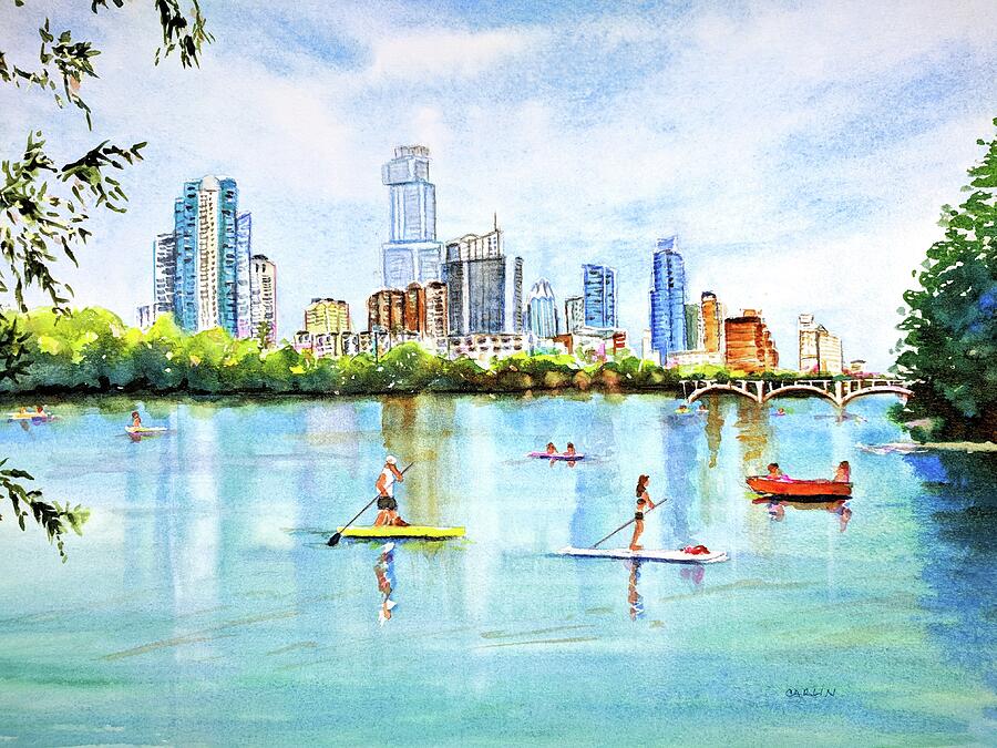 Austin Texas Skyline from Lou Neff Point Painting by Carlin Blahnik CarlinArtWatercolor