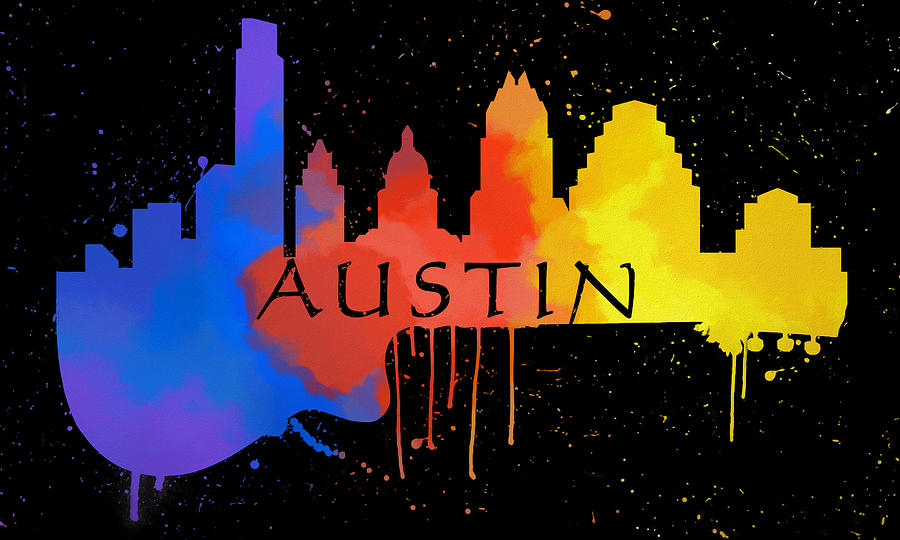 Austin Texas Skyline On Guitar Color Splash Mixed Media by Dan Sproul
