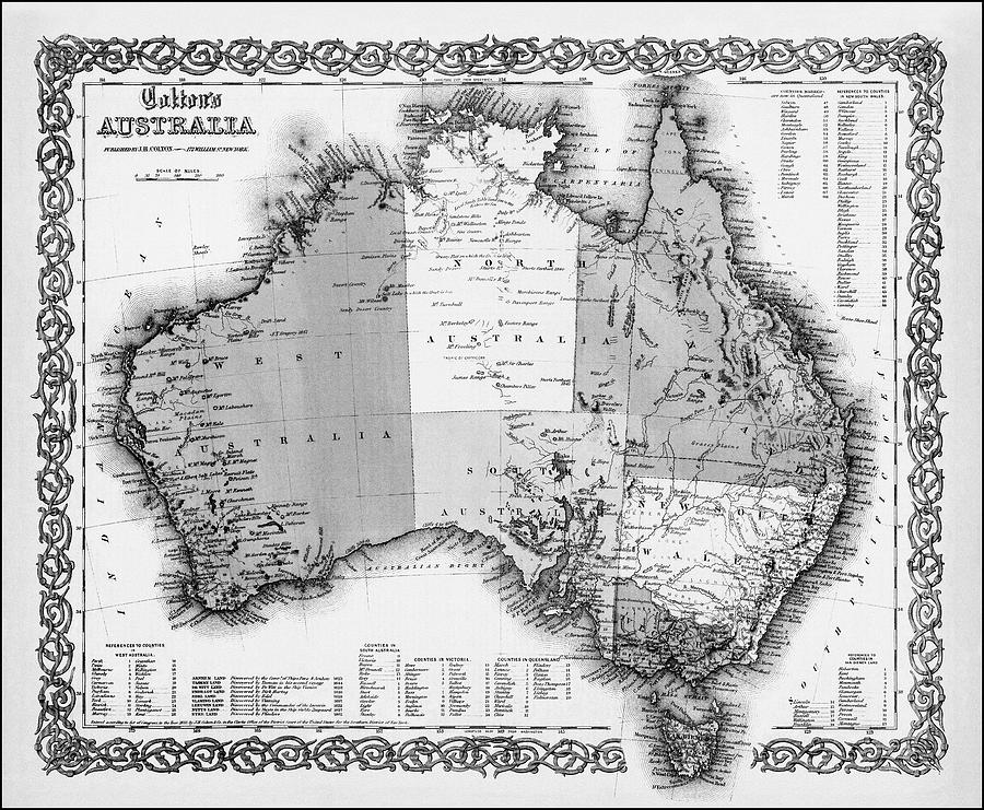 Vintage Photograph - Australia Historical Map 1855 Black and White  by Carol Japp
