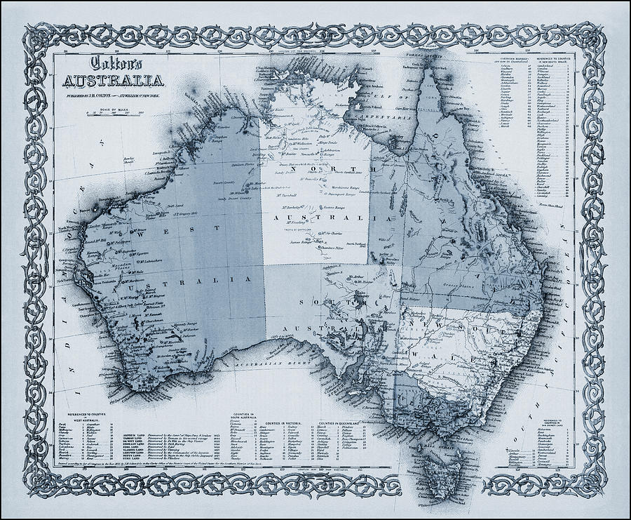 Vintage Photograph - Australia Historical Map 1855 Blue  by Carol Japp