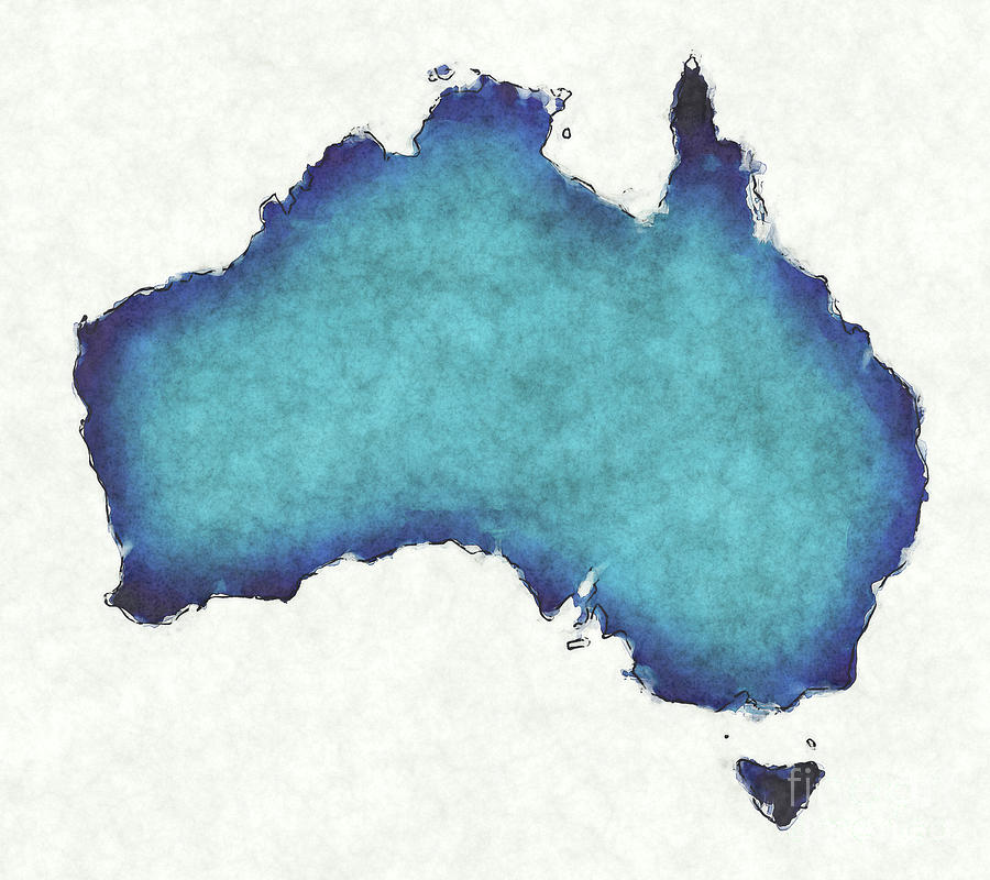 Australia map with drawn lines and blue watercolor illustration Digital ...