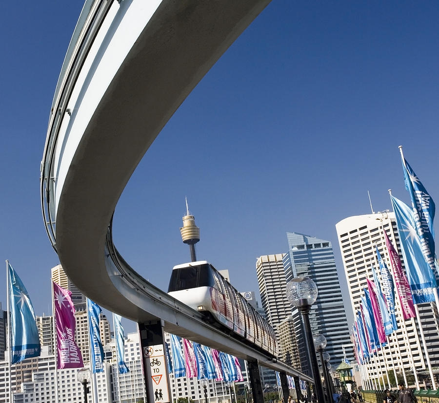 Australia, Sydney, Darling Harbour, monorail, low angle view Photograph by Steve Allen