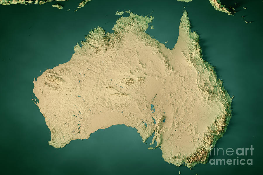 Australia Topographic Map Horizontal 3D Render Dark Ocean Color Digital ...