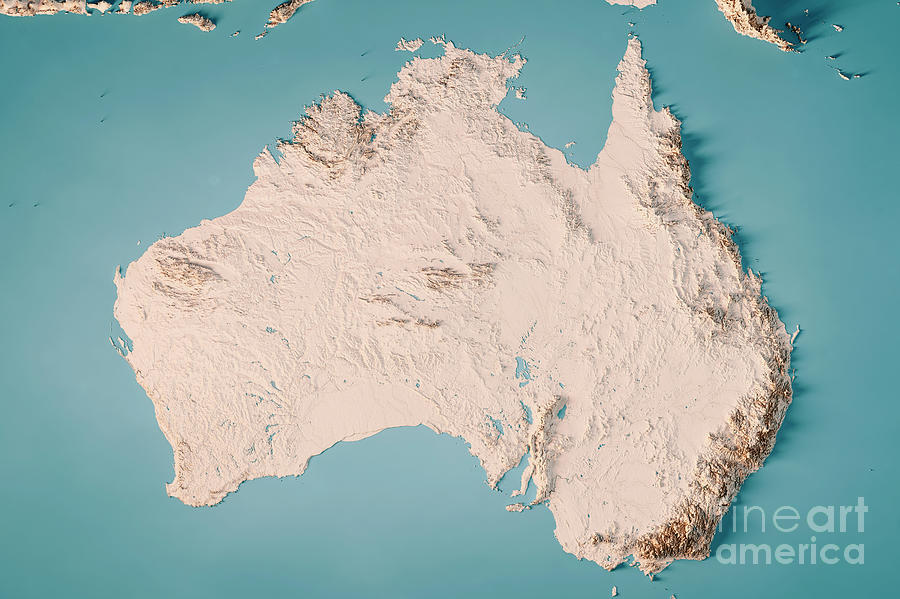 Australia Topographic Map Horizontal 3D Render Neutral Digital Art by ...