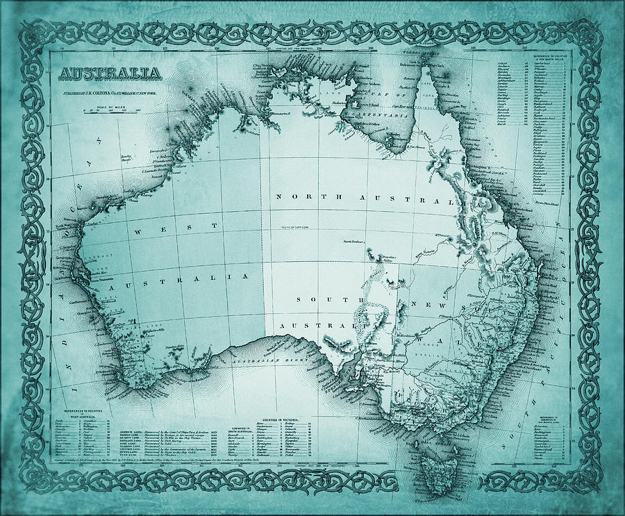 Vintage Photograph - Australia Vintage Map 1855 Ocean Blue  by Carol Japp