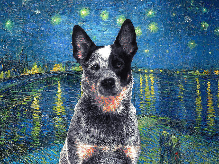 Australian Cattle Dog Blue Heeler Art Van Gogh Starry Night over the Rhone Painting by Sandra Sij