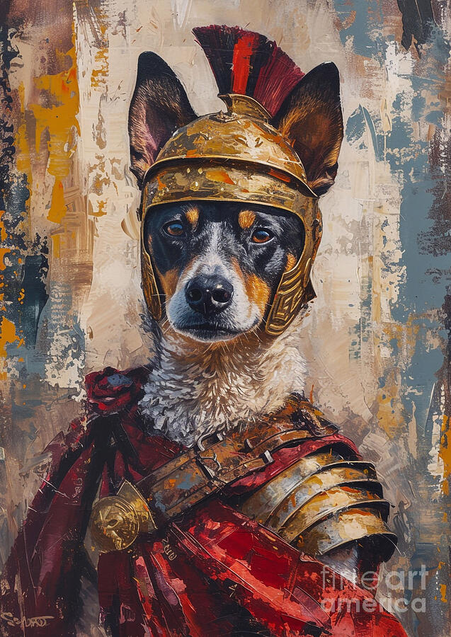 Dog Painting - Australian Cattle Dog - clad in the armor of a Roman frontier guard by Adrien Efren