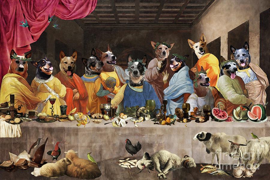 Australian Cattle Dog Last Supper Altered Art Painting by Sandra Sij