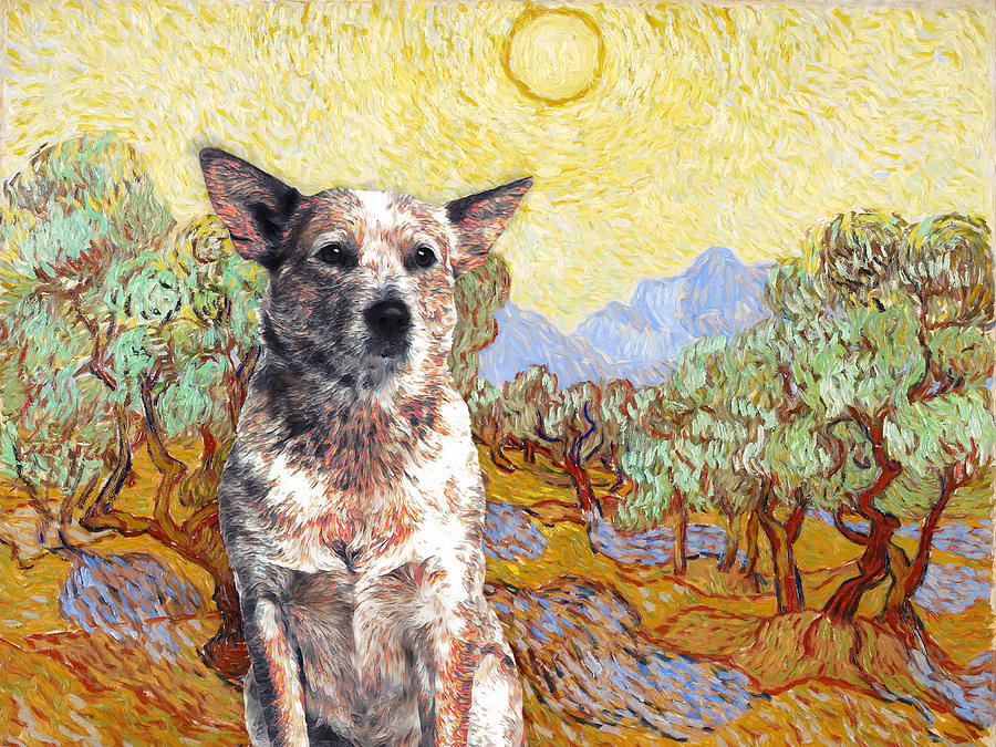 Dog Painting - Australian Cattle Dog Red Heeler Art Van Gogh Olive Trees by Sandra Sij