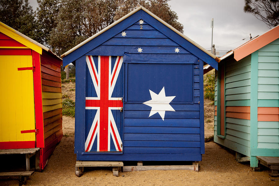 Australian flag painted on beach hut. Australia. Photograph by John White Photos