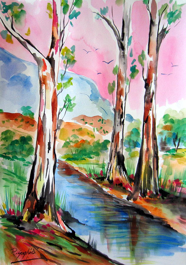 Australian gum trees by the water  Painting by Roberto Gagliardi