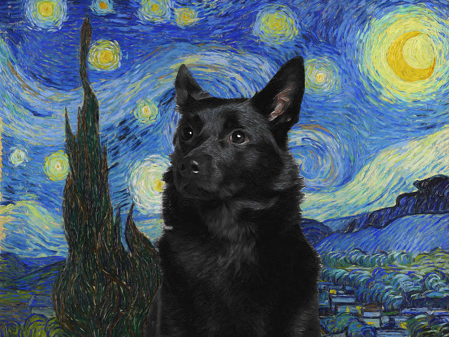 Dog Painting - Australian Kelpie Art Van Gogh Starry Night  by Sandra Sij