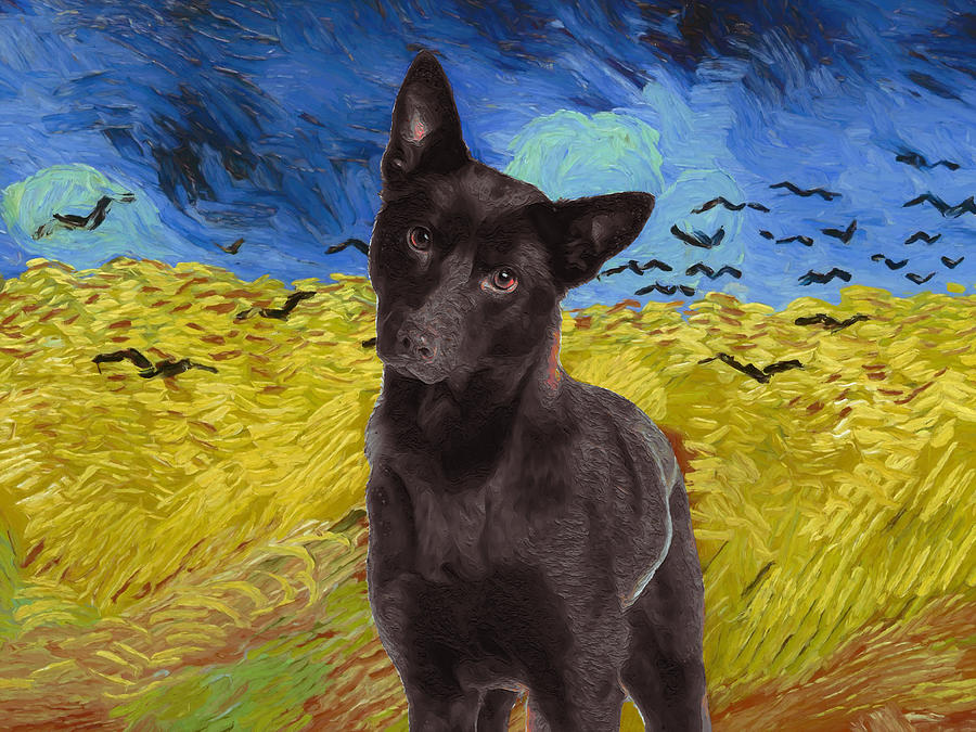 Dog Painting - Australian Kelpie Art Van Gogh Wheatfield with crows by Sandra Sij